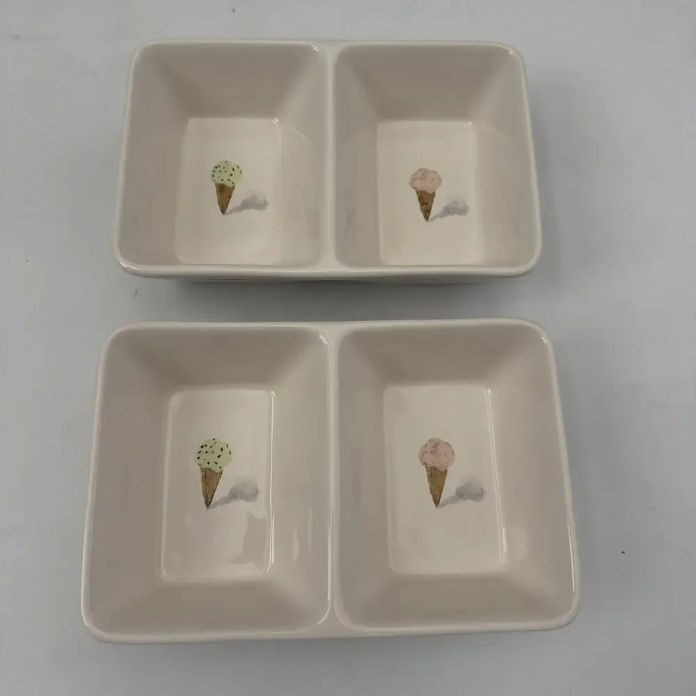 Set of 2 RAE DUNN by Magenta Divided Dish Ice Cream Cones Toppings Bowls